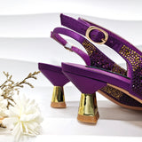 New Elegant Purple Color Stripe Diamond Decoration Simple Versatile Exquisite Party Ladies Shoes And Bag Set and a pair of shoes
