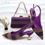 New Elegant Purple Color Stripe Diamond Decoration Simple Versatile Exquisite Party Ladies Shoes And Bag Set and a pair of shoes