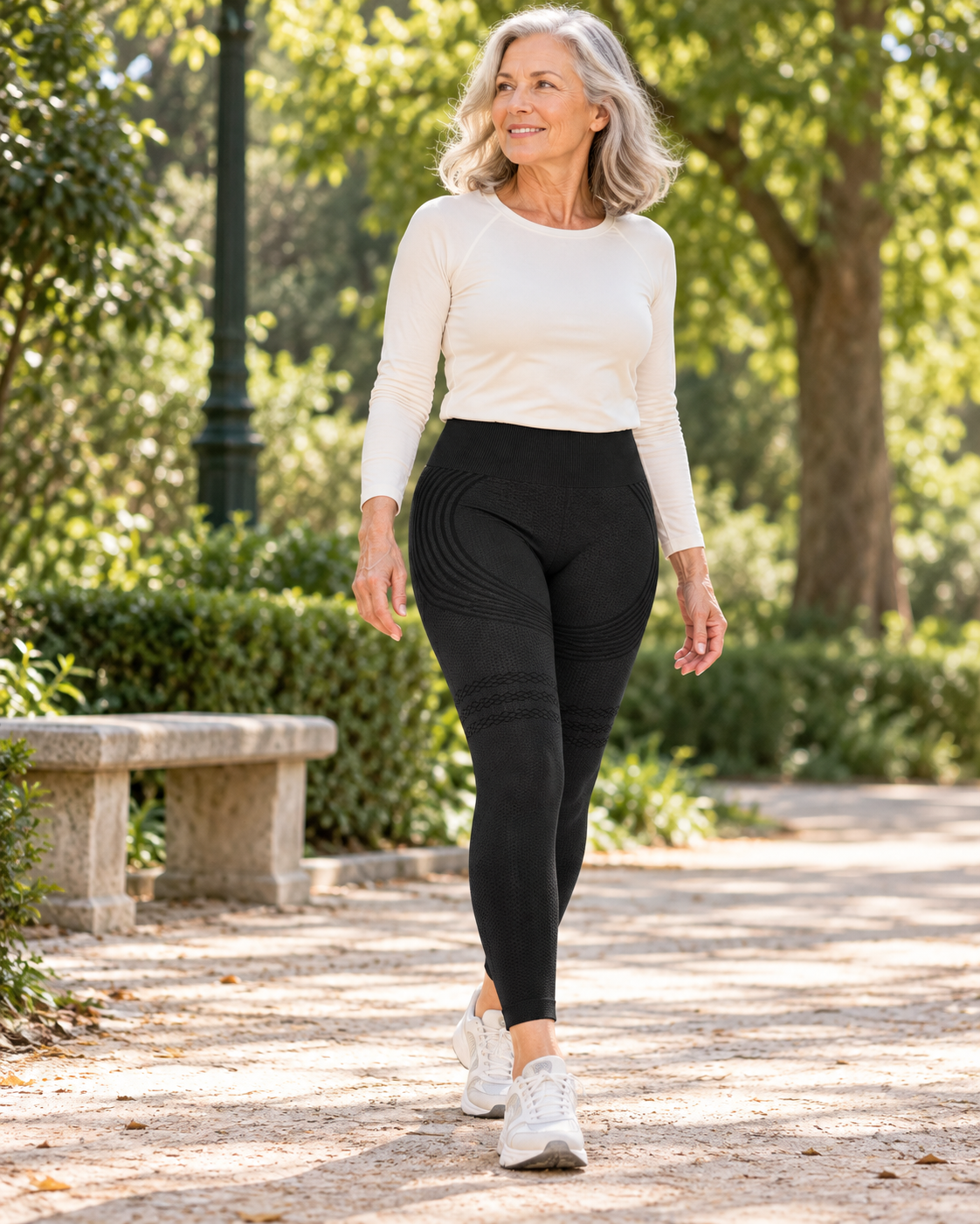 Une femme aux cheveux argentés en legging noir pendant une promenade.