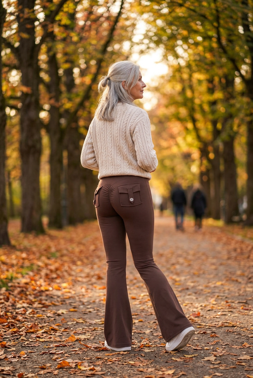 Femme aux cheveux gris en legging évasé couleur prune, en promenade dans un parc en automne.