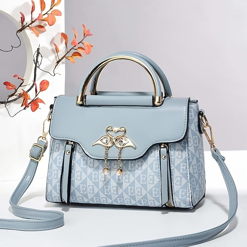 3pcs Women's Handbag Set, Swan Decor Top-Handle Tote Bag with Card Holder & Purse, Elegant Crossbody Shoulder Bag, Pink PU & Letter Print, Casual & Party Use