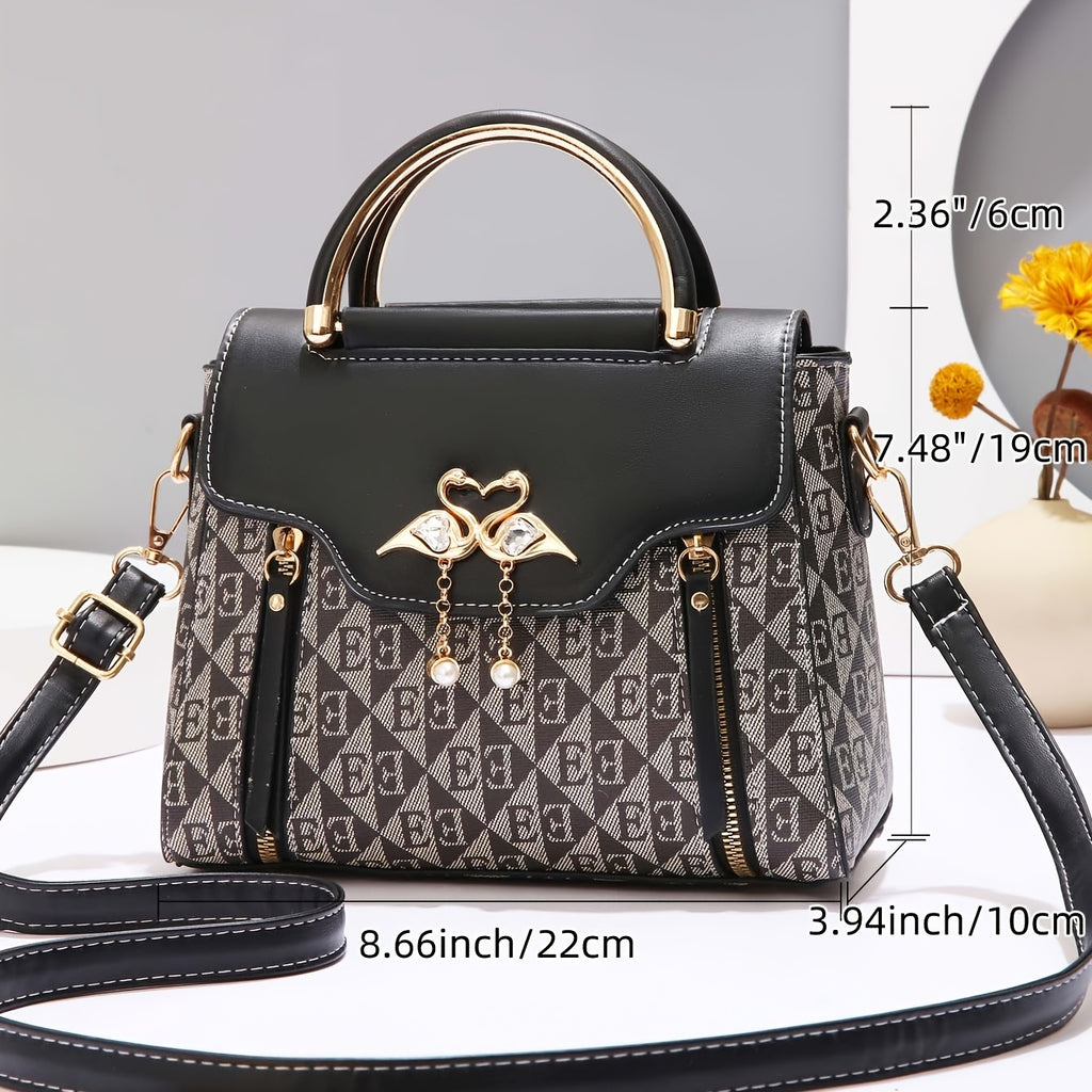 3pcs Women's Handbag Set, Swan Decor Top-Handle Tote Bag with Card Holder & Purse, Elegant Crossbody Shoulder Bag, Pink PU & Letter Print, Casual & Party Use