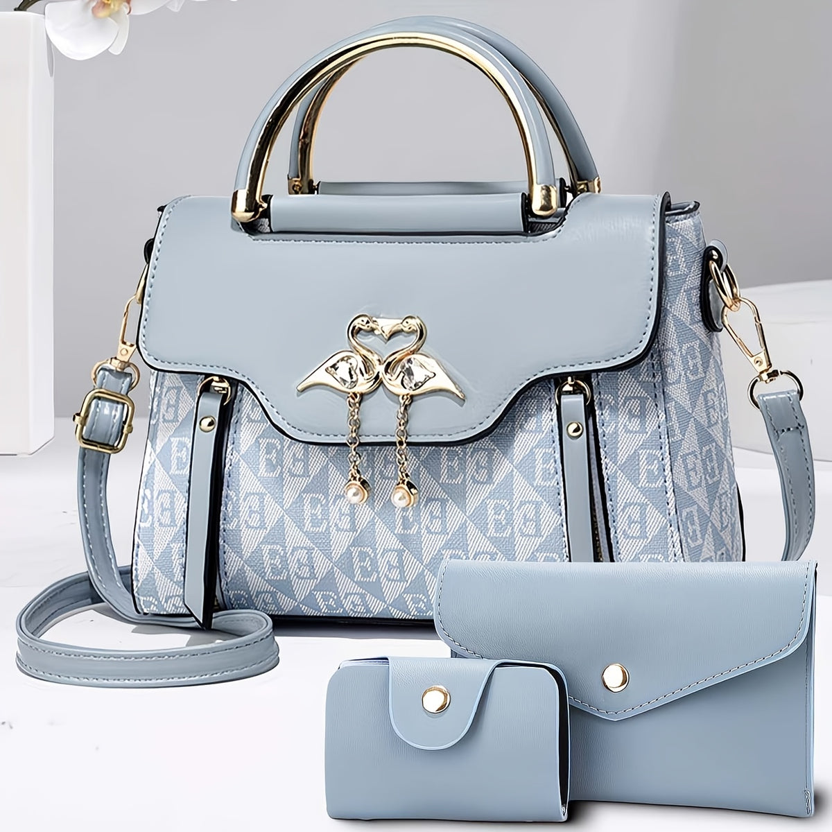 3pcs Women's Handbag Set, Swan Decor Top-Handle Tote Bag with Card Holder & Purse, Elegant Crossbody Shoulder Bag, Pink PU & Letter Print, Casual & Party Use