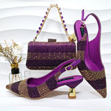 New Elegant Purple Color Stripe Diamond Decoration Simple Versatile Exquisite Party Ladies Shoes And Bag Set and a pair of shoes