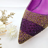 New Elegant Purple Color Stripe Diamond Decoration Simple Versatile Exquisite Party Ladies Shoes And Bag Set and a pair of shoes