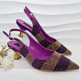 New Elegant Purple Color Stripe Diamond Decoration Simple Versatile Exquisite Party Ladies Shoes And Bag Set and a pair of shoes