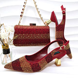 New Elegant Purple Color Stripe Diamond Decoration Simple Versatile Exquisite Party Ladies Shoes And Bag Set and a pair of shoes