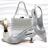 New Elegant Purple Color Stripe Diamond Decoration Simple Versatile Exquisite Party Ladies Shoes And Bag Set and a pair of shoes